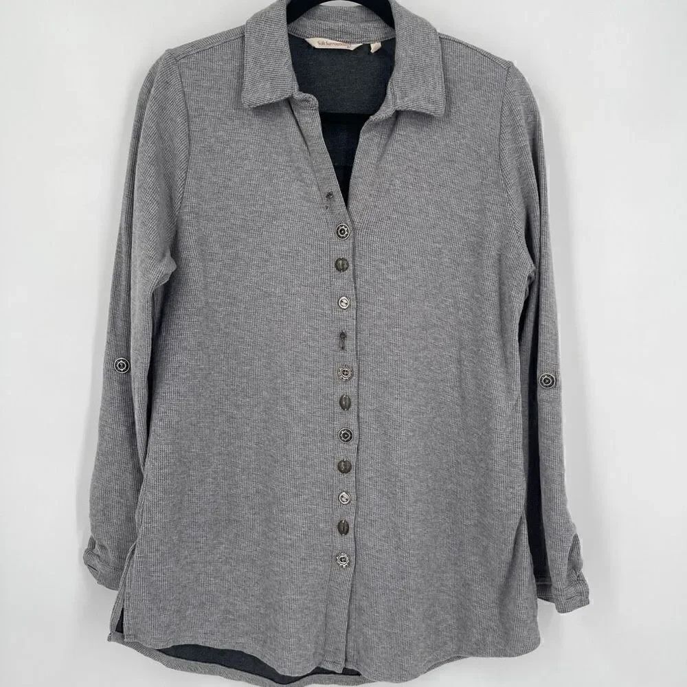 Soft Surroundings Sydney Shirt M Gray Waffle Tab Sleeves Cotton